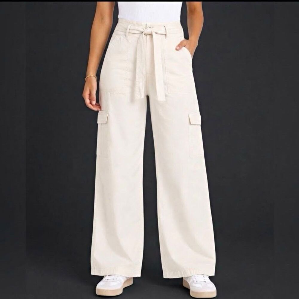 Madewell White Off White Cream Twill Wide-Leg Cargo Pants Size 28